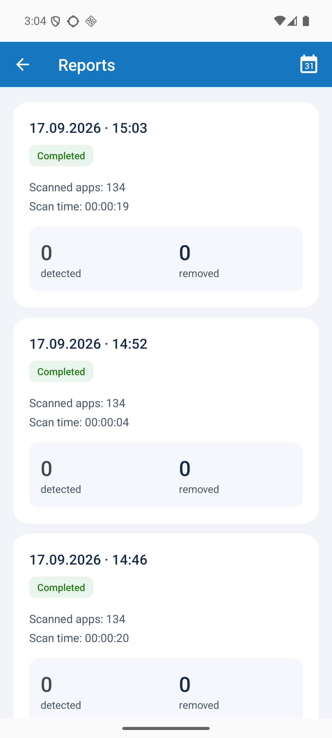Refreshed scan history showing completed scan reports