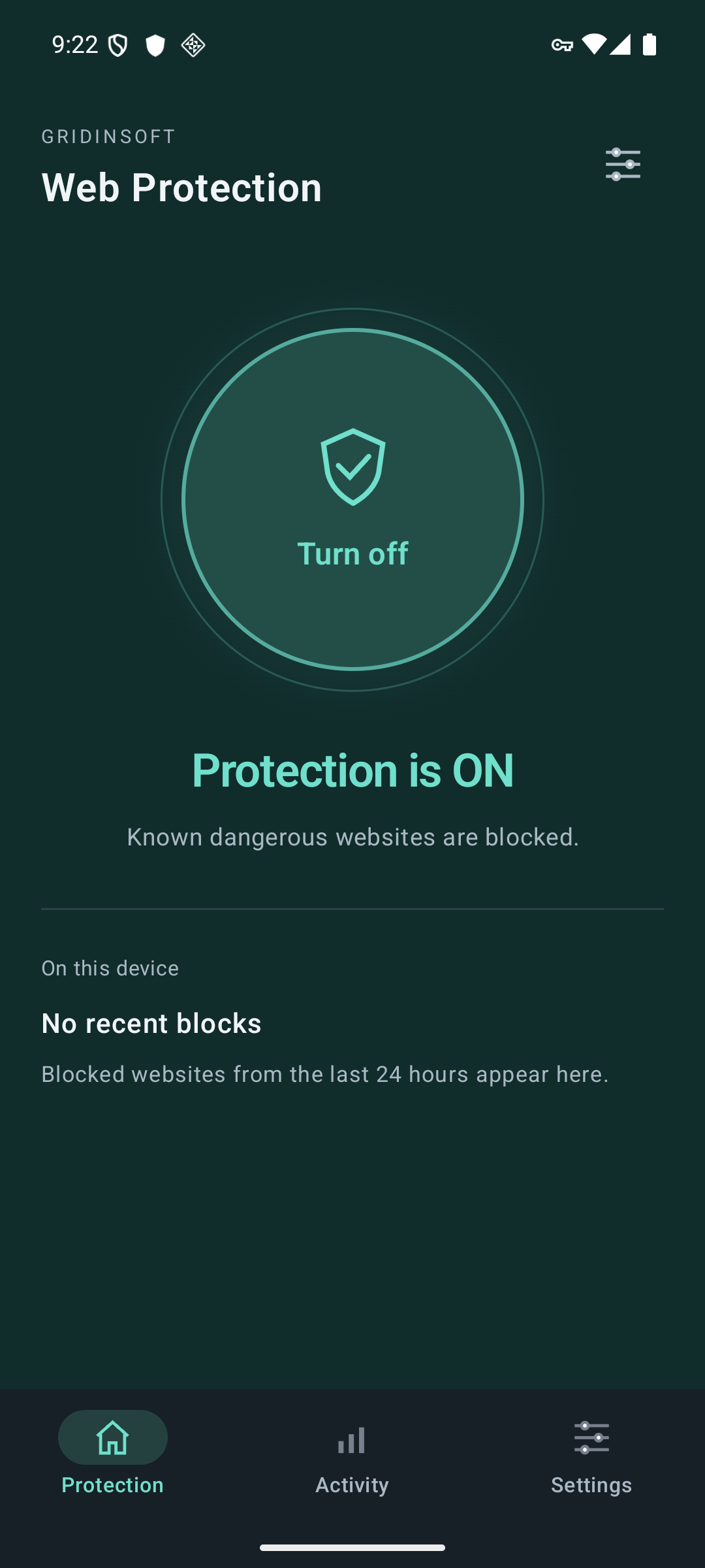 Gridinsoft Web Protection on Android, showing Protection is ON and a large Turn off button