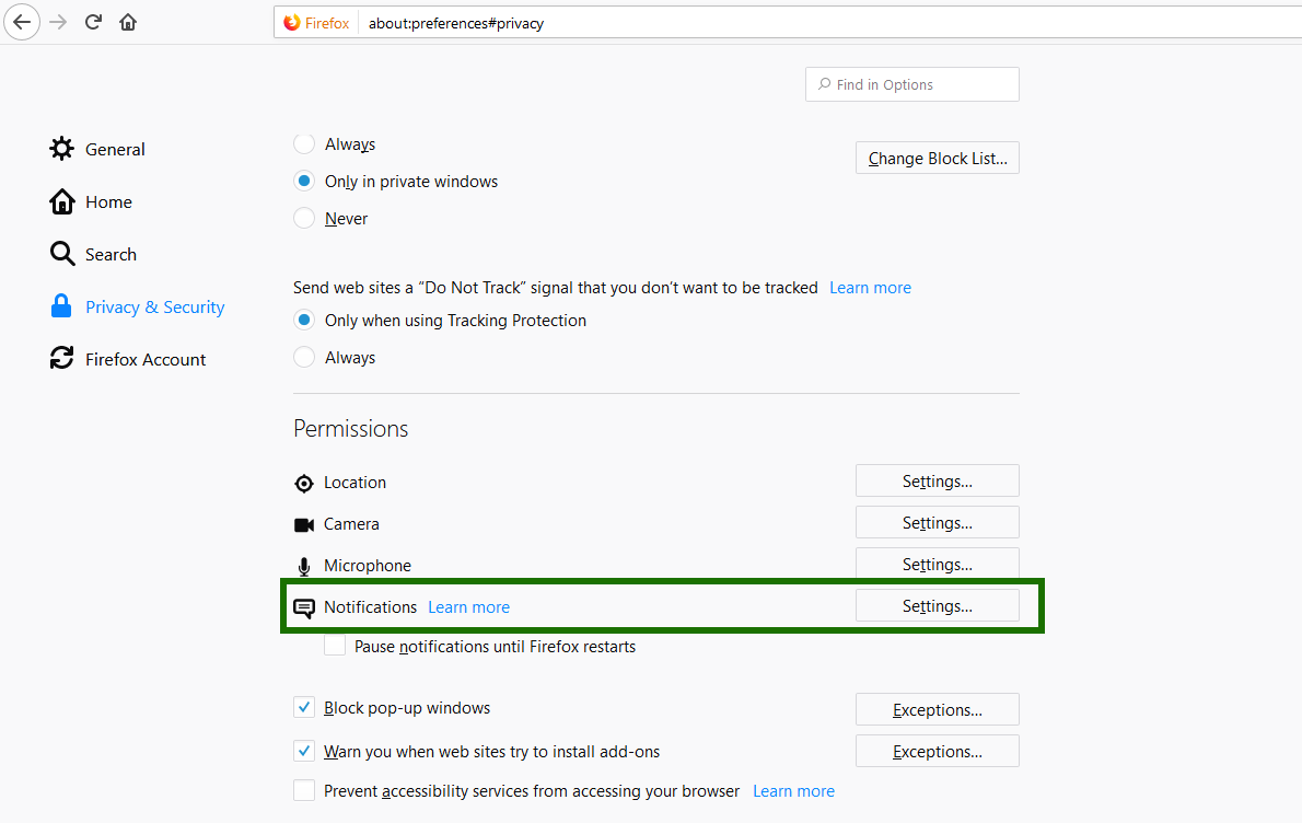 Disable push notifications in Firefox - step 1