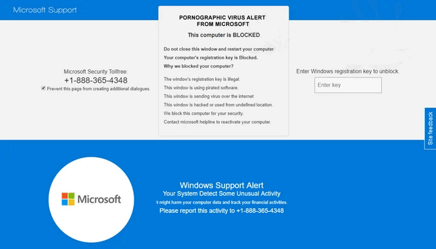 Pornographic virus alert from Microsoft banner
