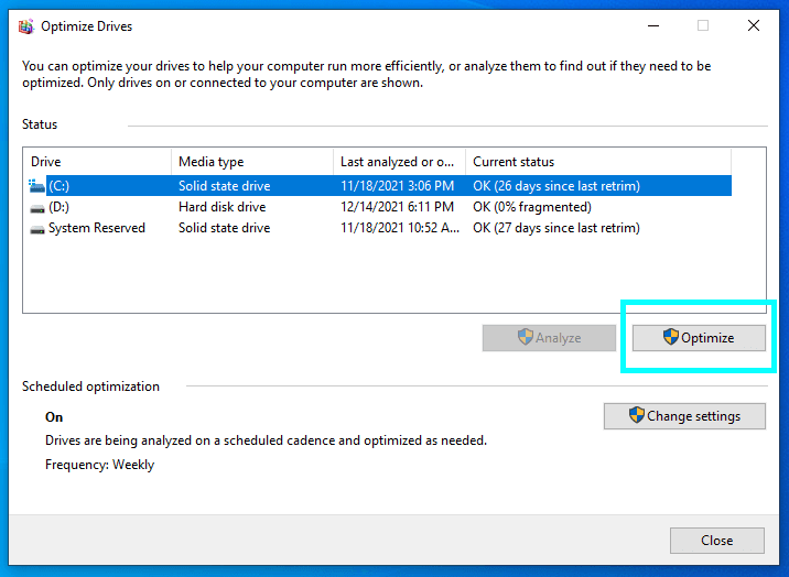 Defragment and Optimize window