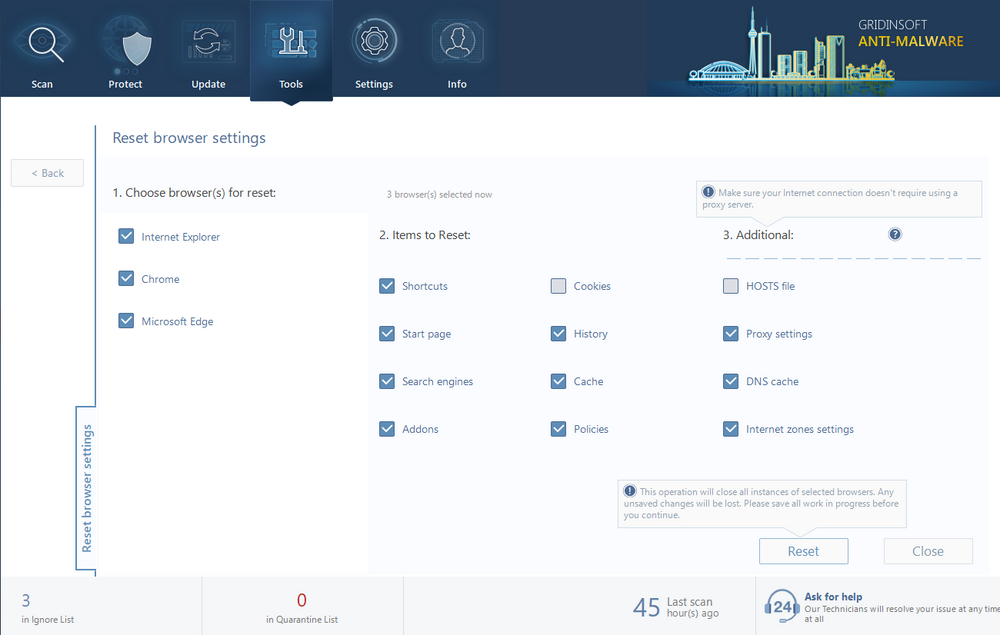 GridinSoft Anti-Malware Reset Browser Settings