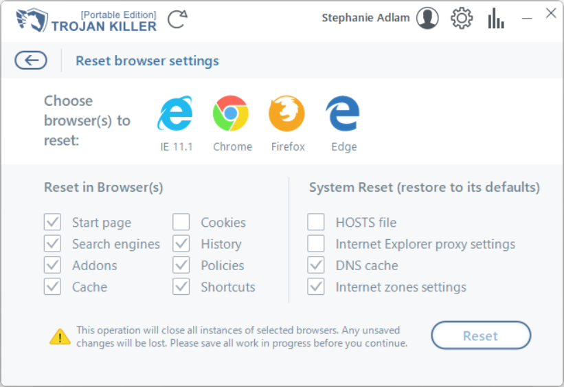 Reset browsers Trojan Killer