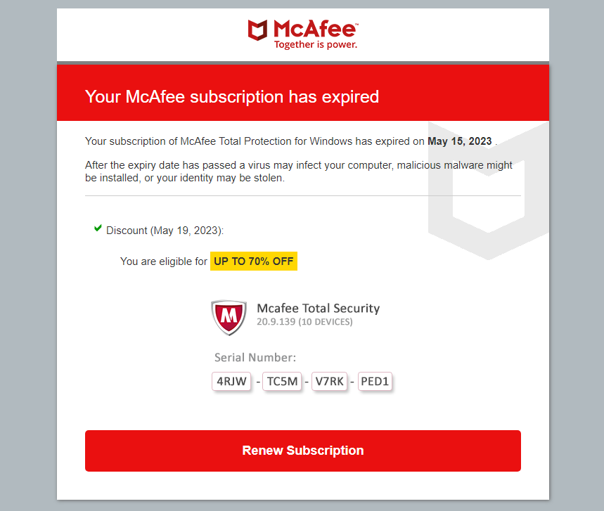 McAfee subscription has expired