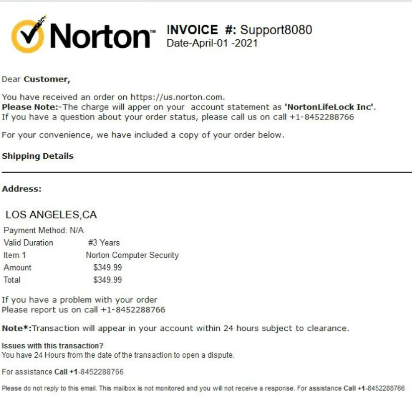 Norton phishing email