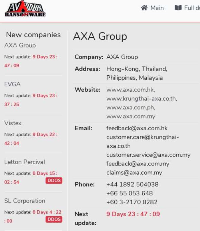 Avaddon ransomware AXA leak site