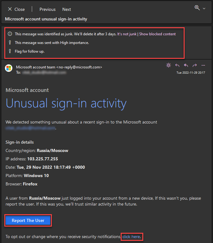 Opened Microsoft email scam message