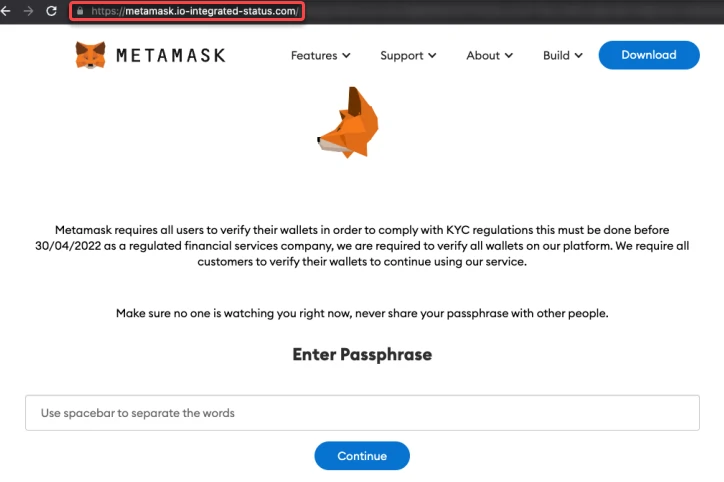 Fake Metamask page example