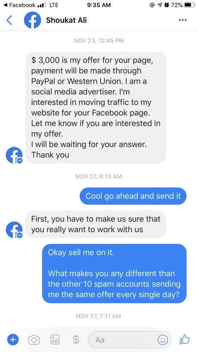 Example of a message scam on Facebook