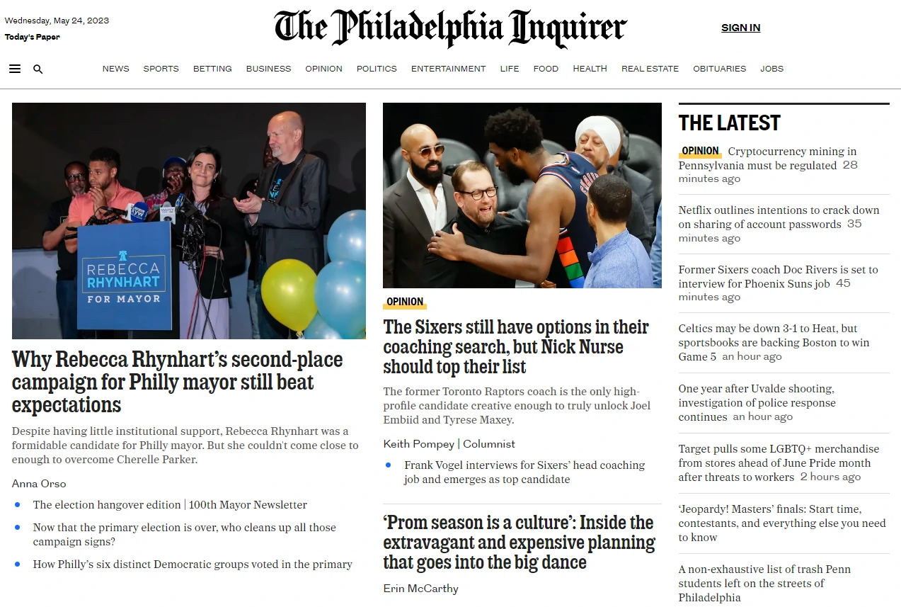 Screenshot of an electronic version of the Philadelphia Inquirer 