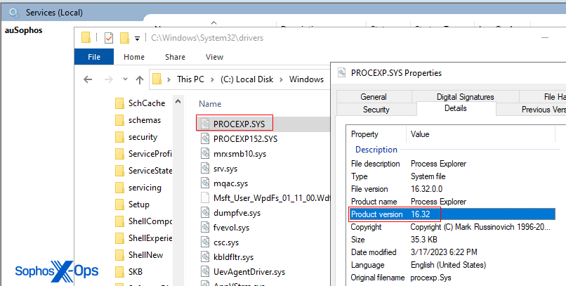 The maliciously installed Process Explorer driver, highlighted in red, in the Drivers folder alongside the legitimate Process Explorer driver, proxexp152.sys