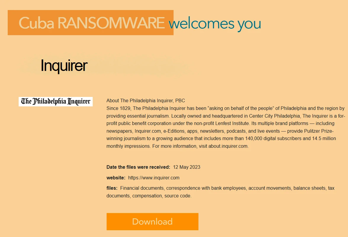 Screenshot of data publication on the Cuba ransomware website 