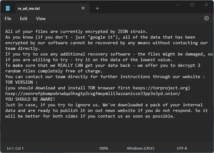 Zeon ransomware ransom note screenshot