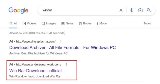 Fake WinRar ad on Google search result

