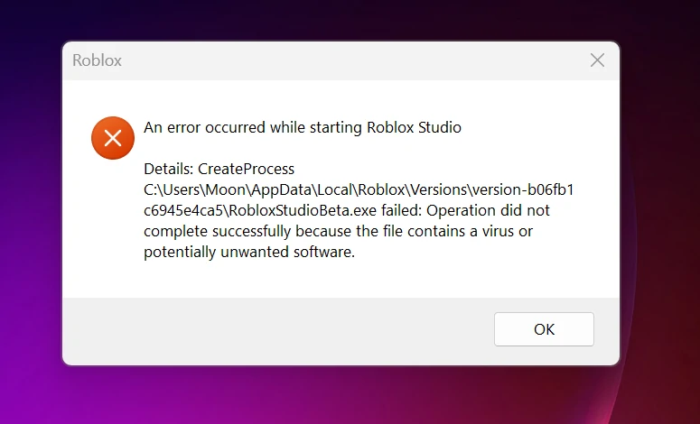 Error with starting the Roblox Studio screenshot