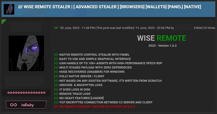 Wise Remote Stealer on hackers forum