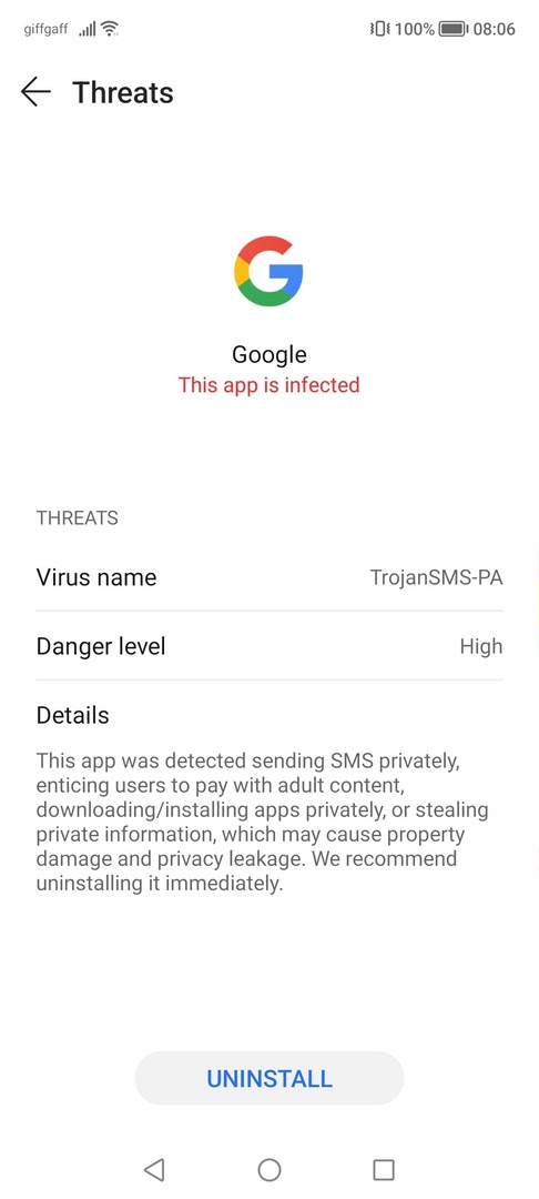 Google App Android:TrojanSMS-PA detection