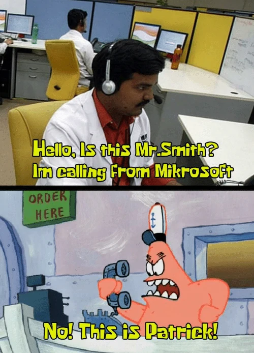 Indian men calling people and introducing themselves as Microsoft tech support meme