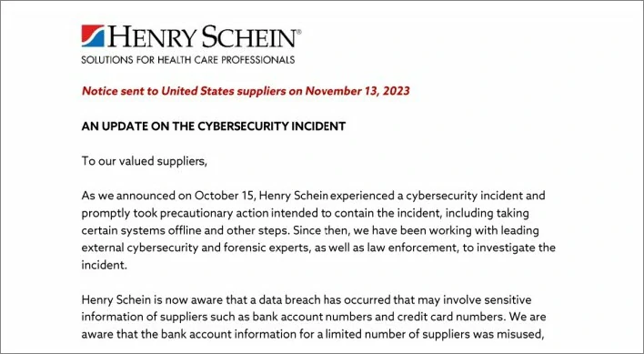 notification from Henry Schein