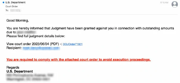 Screen of phishing email