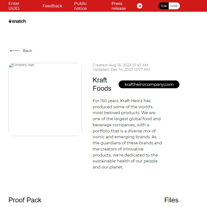 Post about KraftHeinz on the Snatch leak site screenshot