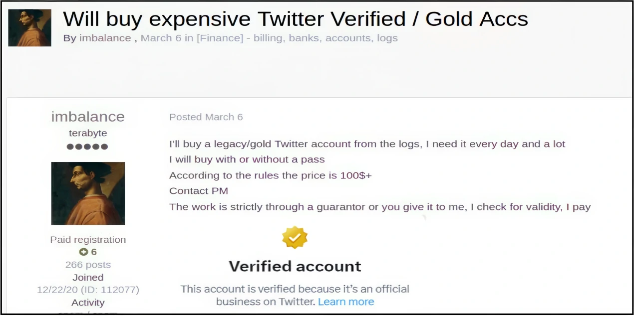 Threat actors advertising to buy Twitter Gold accounts on dark web marketplaces screenshot