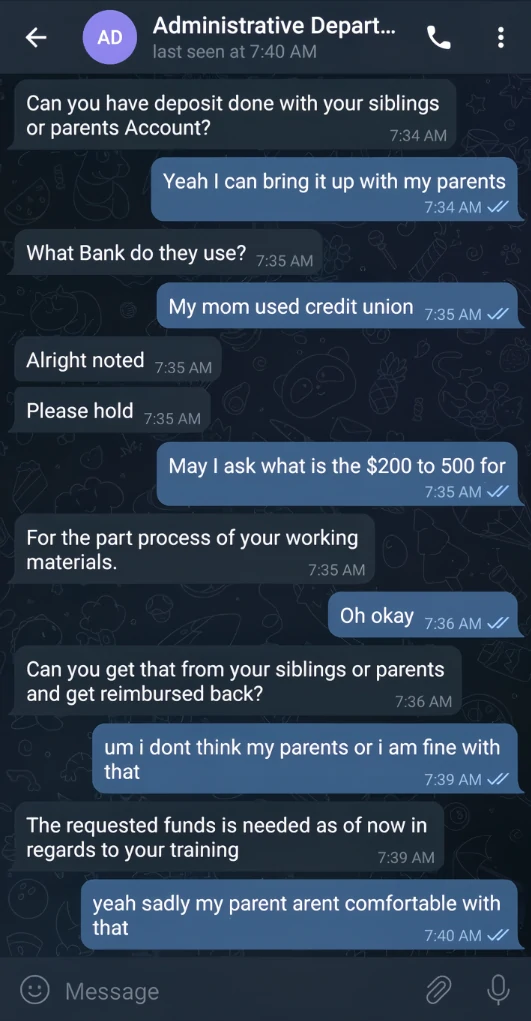 Telegram screenshot the scammers ask for upfront payment