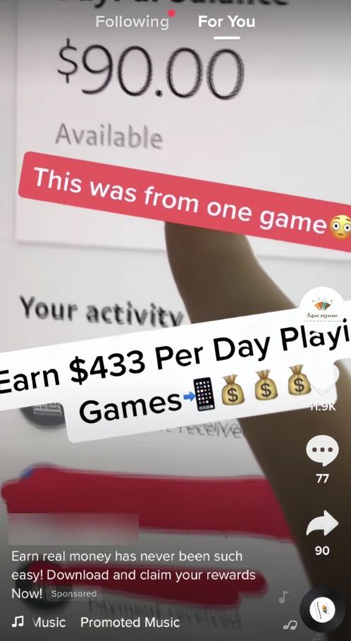A deceptive TikTok ad promoting one of the iMoney applications screenshot