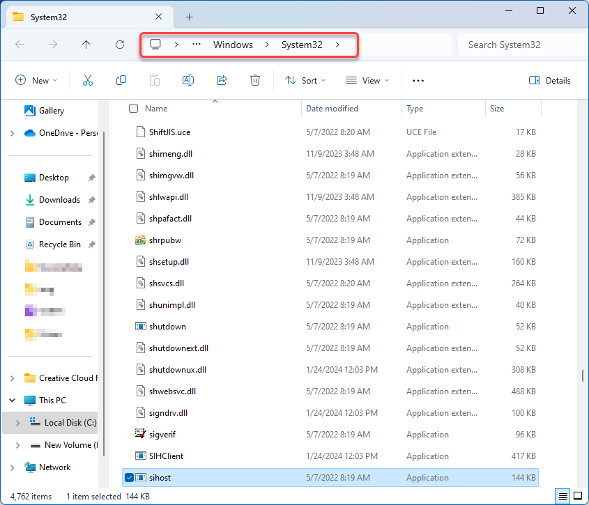 Sihost.exe in System32 folder screenshot