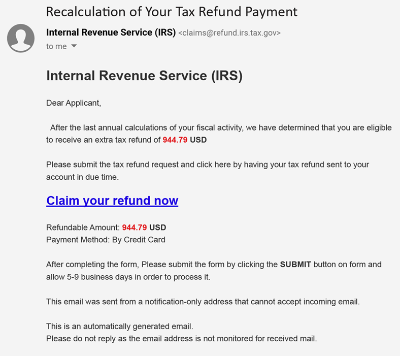 IRS phishing email screenshot