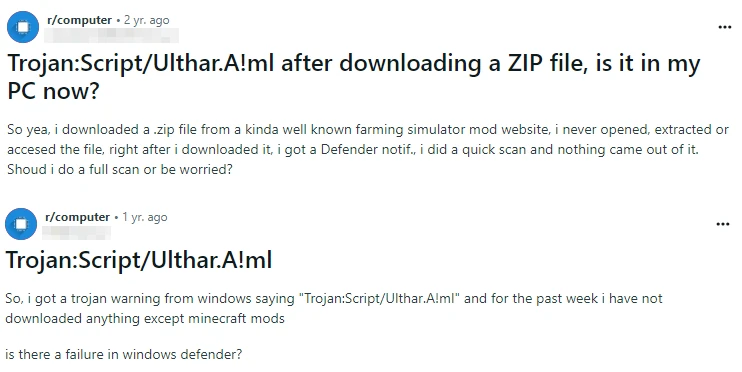 Trojan:Script/Ulthar.A!ml Reddit 