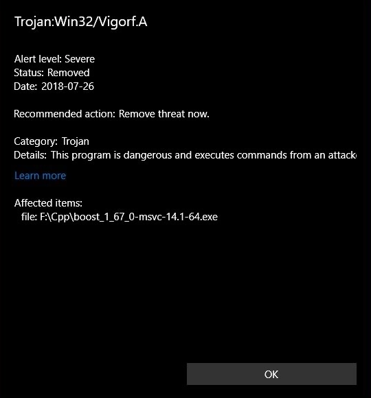 Trojan:Win32/Vigorf.A detection