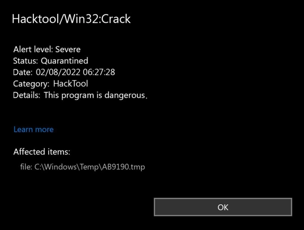 HackTool:Win32/Crack detection screenshot