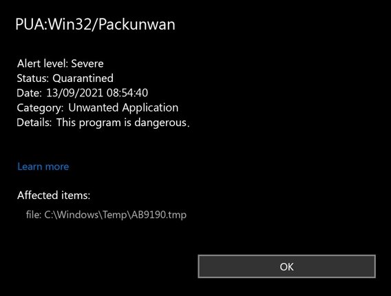PUA:Win32/Packunwan detection screenshot