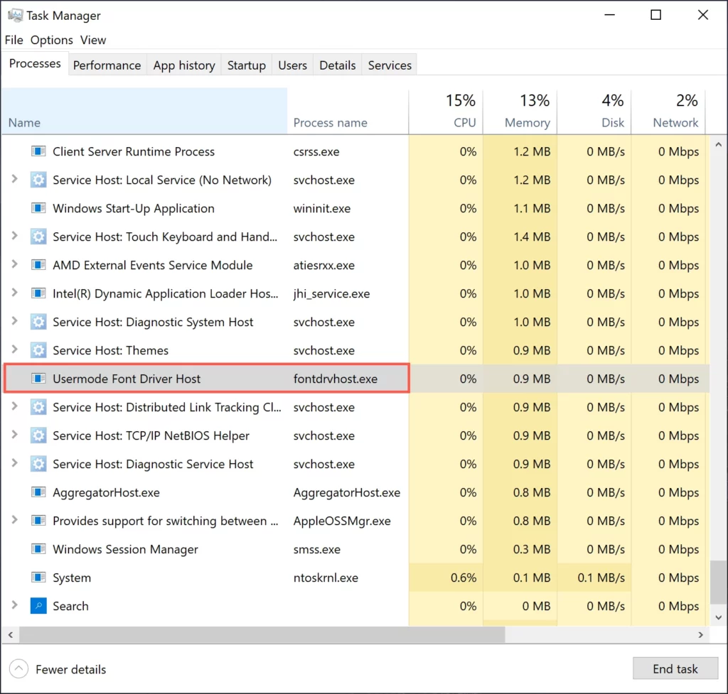 Usermode Font Driver Host process Task Manager