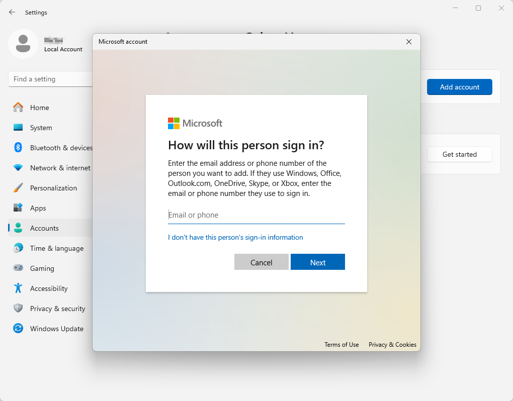 Creating an online account in Windows 11 screenshot