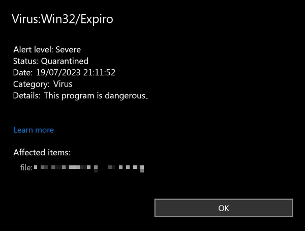 Virus:Win32/Expiro detection screenshot