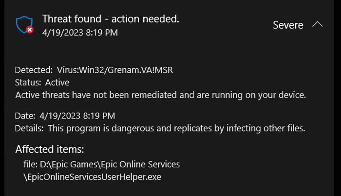 Virus:Win32/Grenam.VA!MSR detection window screenshot