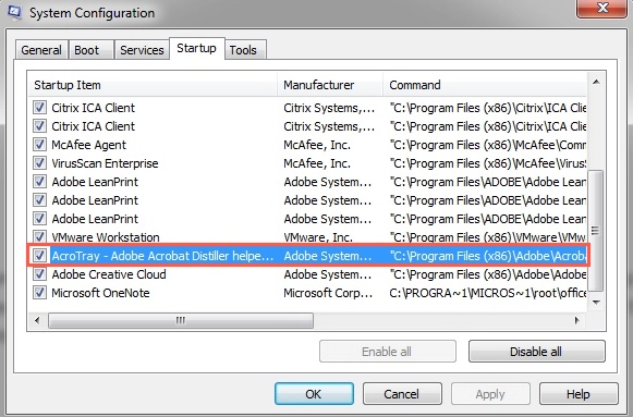 AcroTray.exe in system startup