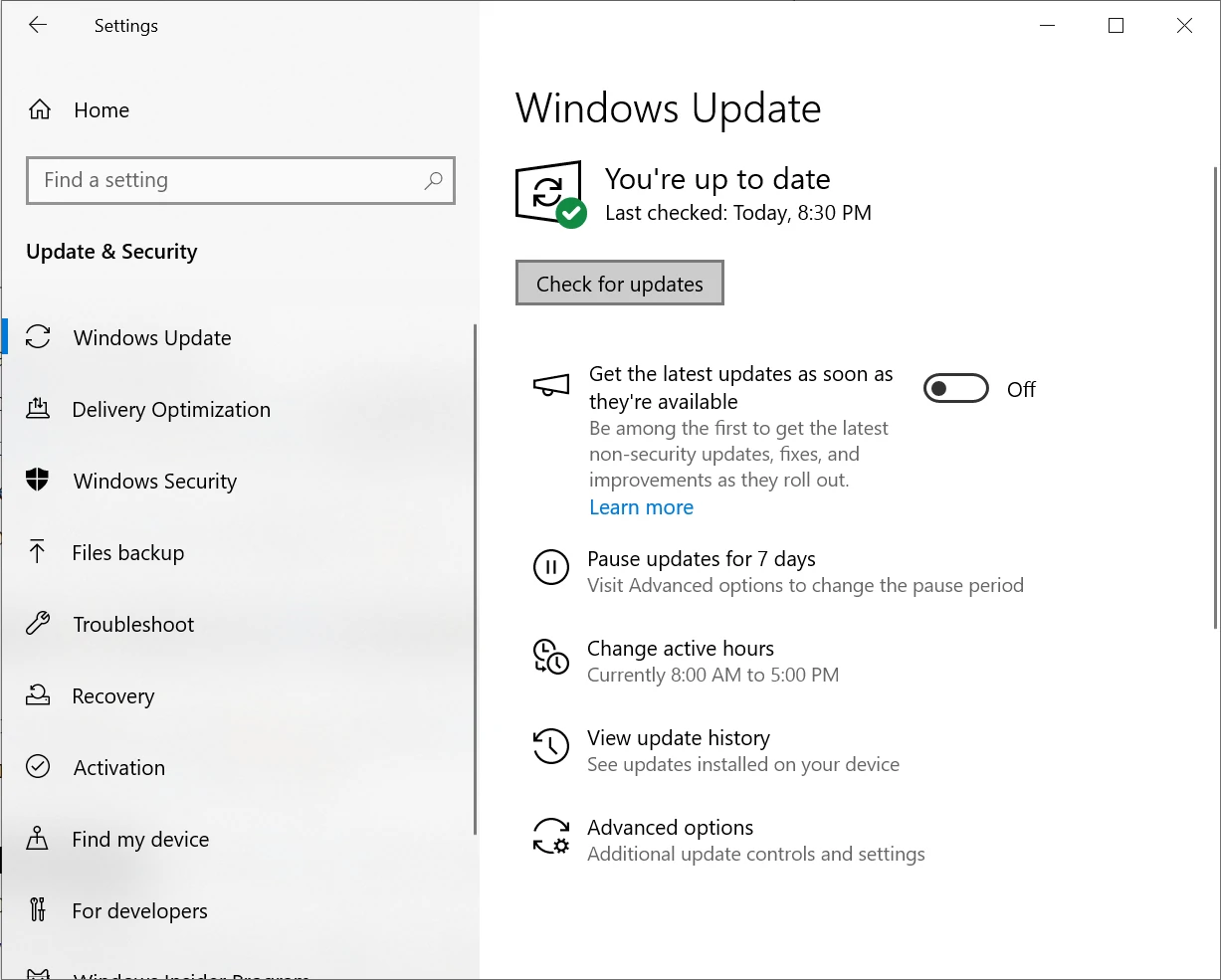 Windows update page screenshot