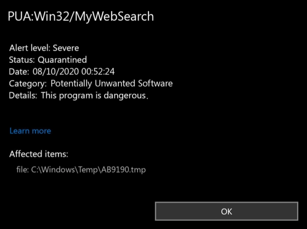 PUA:Win32/MyWebSearch detection window screenshot