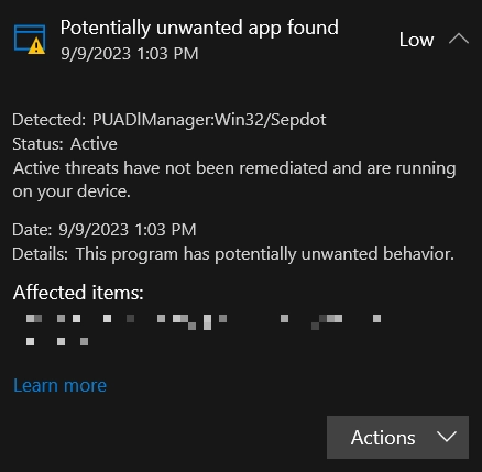 PUADLManager:Win32/Sepdot detection window screenshot