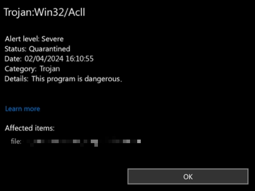Trojan:Win32/Acll detection window screenshot