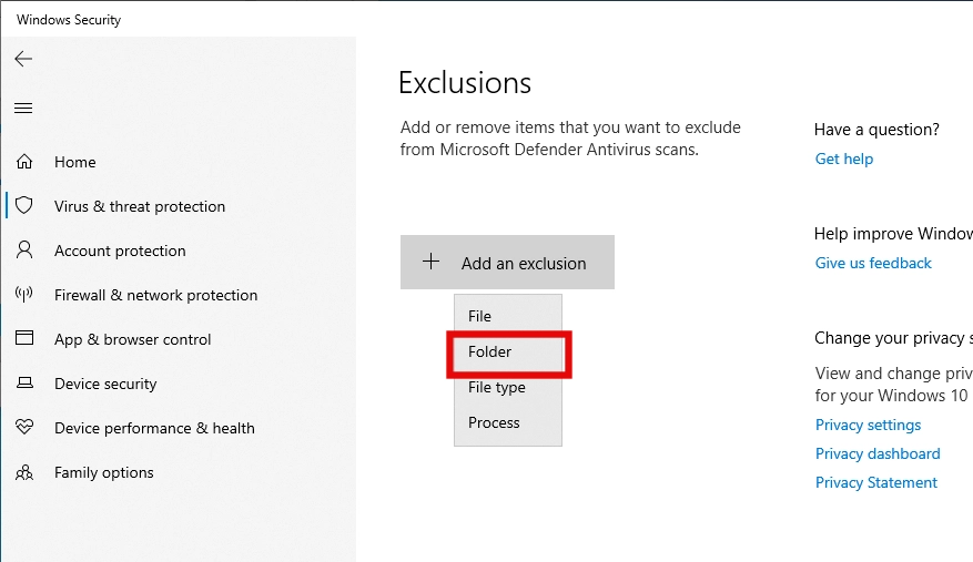 Windows security excusion menu
