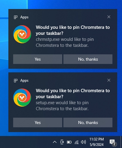 Chromstera requests to pin itself to the taskbar
