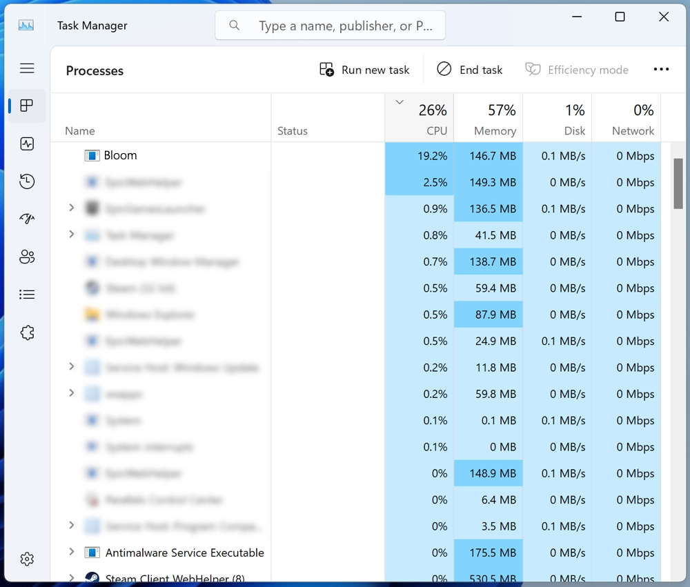 Bloom.exe in the Task Manager screenshot