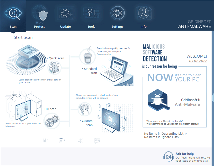 Pantalla principal de GridinSoft Anti-Malware