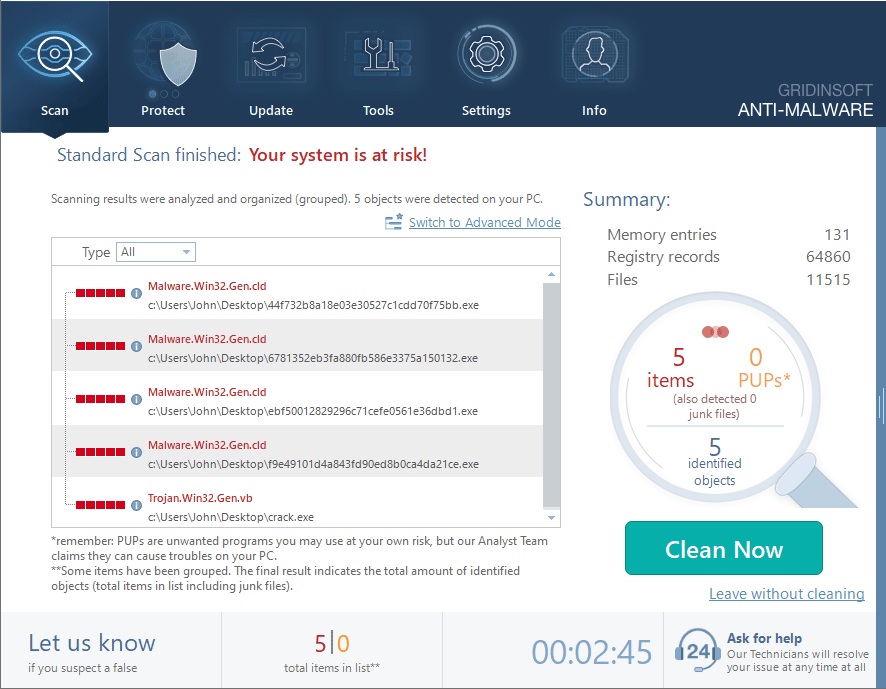 Scan results screen