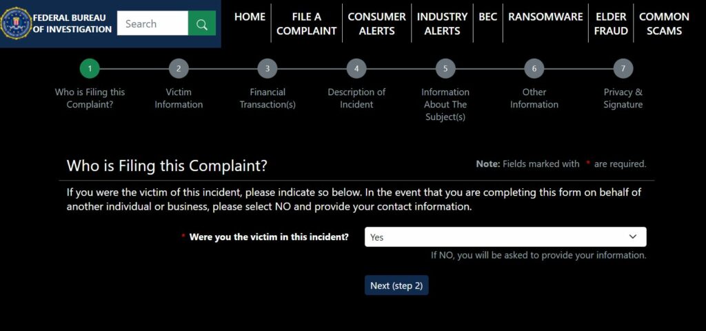 Complaint Form for crypto recovery scam victims