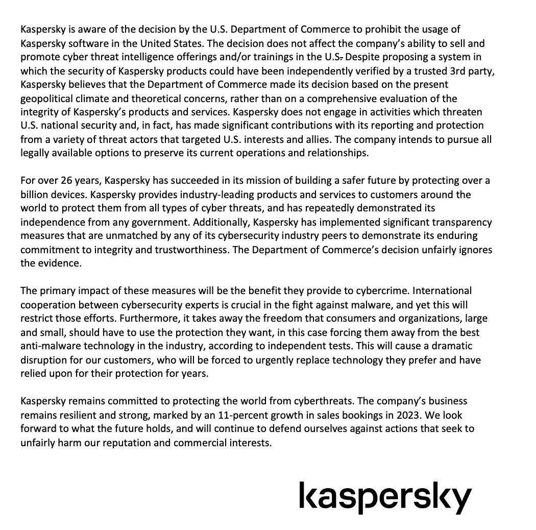 Kaspersky reaction to ban